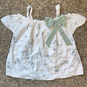 White and Green Floral Blouse with Ruffled Sleeves